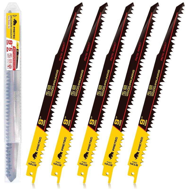 PRETEC Wood Pruning Reciprocating Saw Blades, 9 Inch Pruning Blades for Reciprocating Saw, High Carbon Steel Reciprocal Saw Blades for Tree Trimming, Wood Cutting with Organizer Case, (5 Pack/5TPI) - Image 1